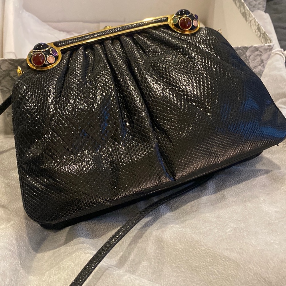 Judith Leiber Bag, black snake evening shoulder bag/clutch w/stone adornments.